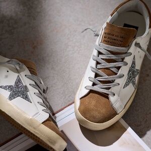 Golden Goose Superstar Sneaker White Leather/Brown/Lizard/Silver Glitter 38 NIB